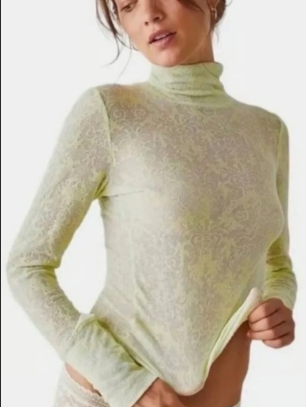 FREE PEOPLE INTIMATELY SEMI SHEER TURTLENECK TOP LIME CITRON LEMON NEW S